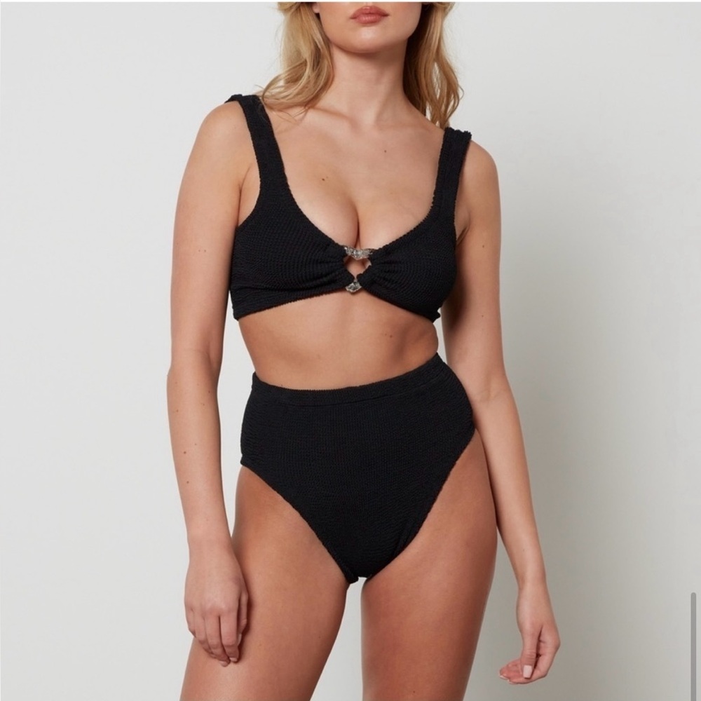 New Hunza G Jessica black seersucker bikini swimsuit set one size